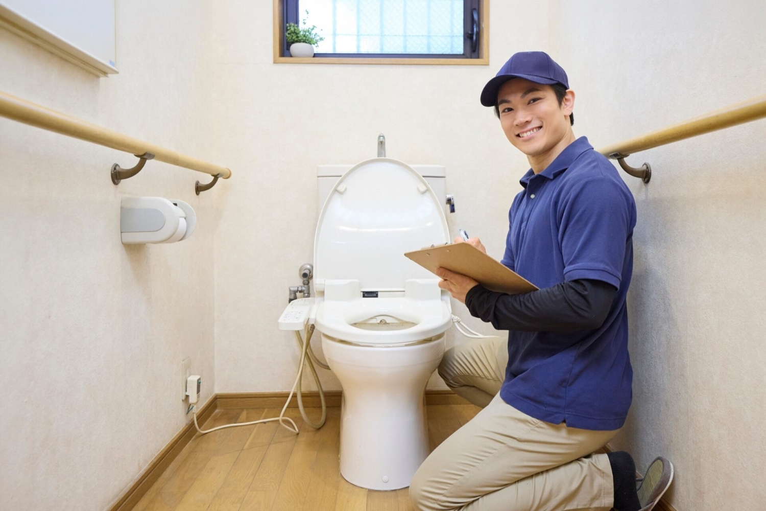 トイレ設備をチェックするリフォーム作業員